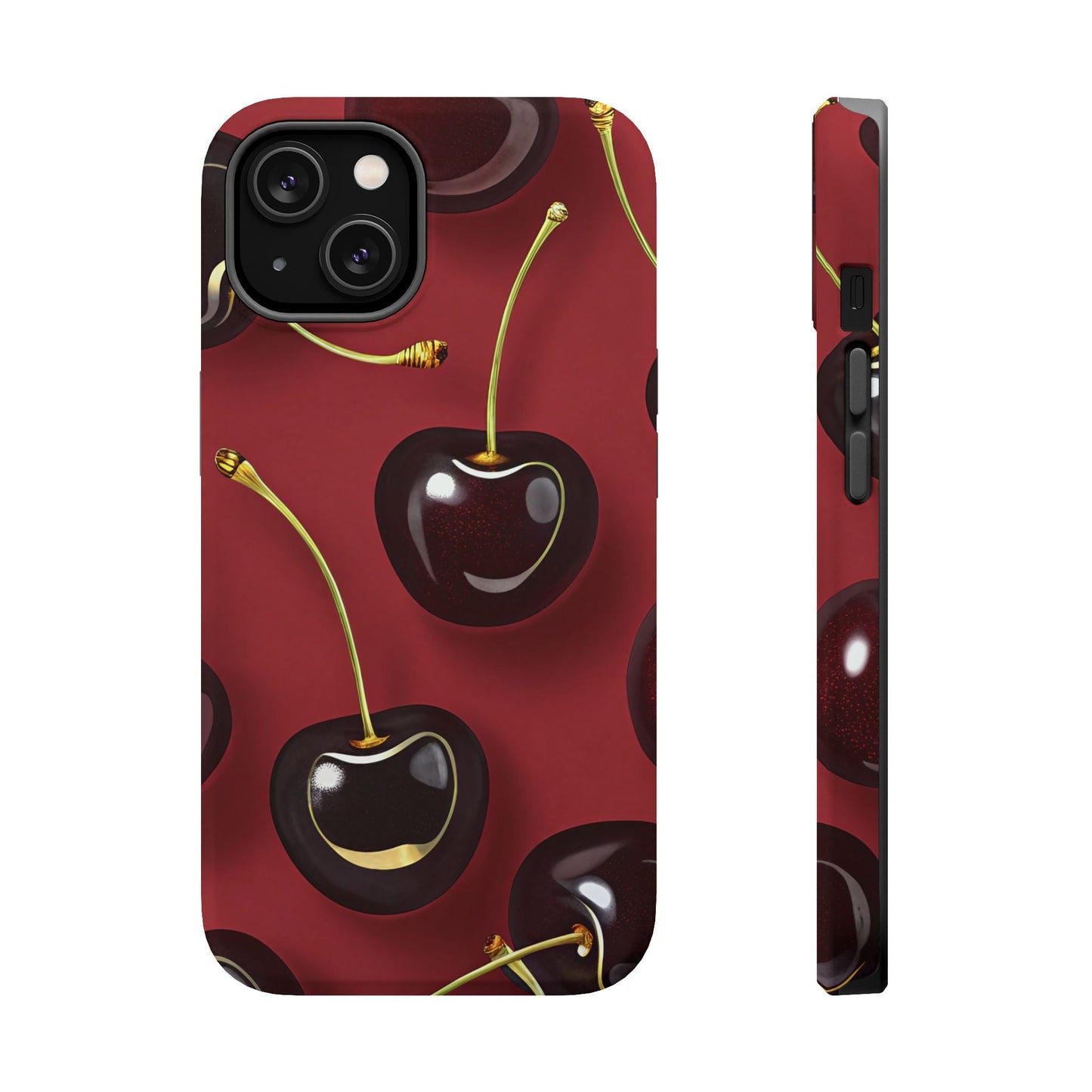 Cherry iPhone tough case with vibrant photo-realistic cherry design, dual-layer protection, and MagSafe compatibility