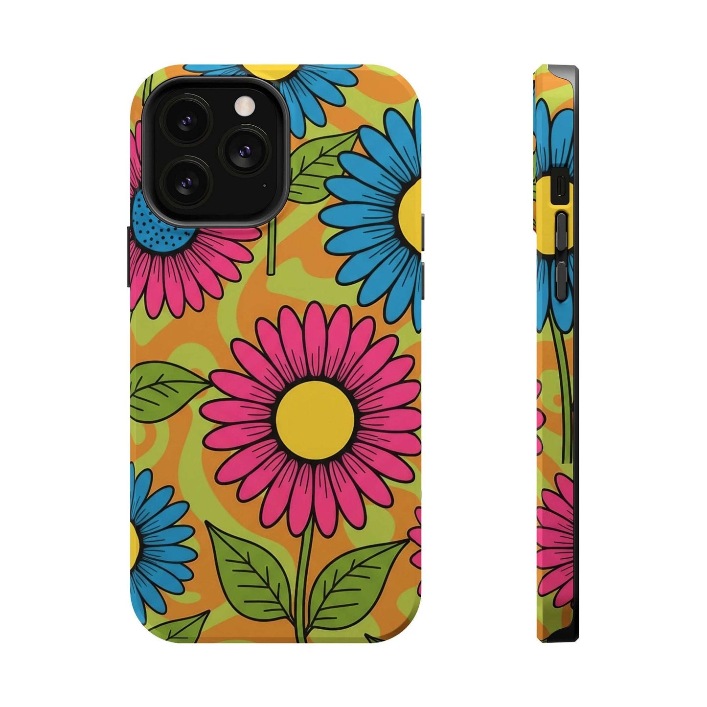Flower Child iPhone Tough Case with vibrant pink and blue floral design and magnetic impact-resistant protection