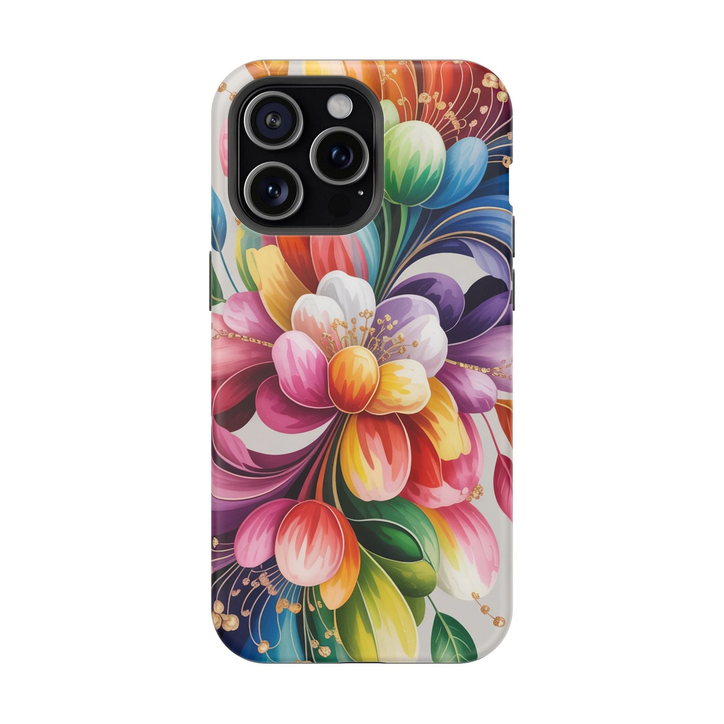 Vibrant Floral iPhone Case with colorful flower design, dual-layer protection, and MagSafe compatibility