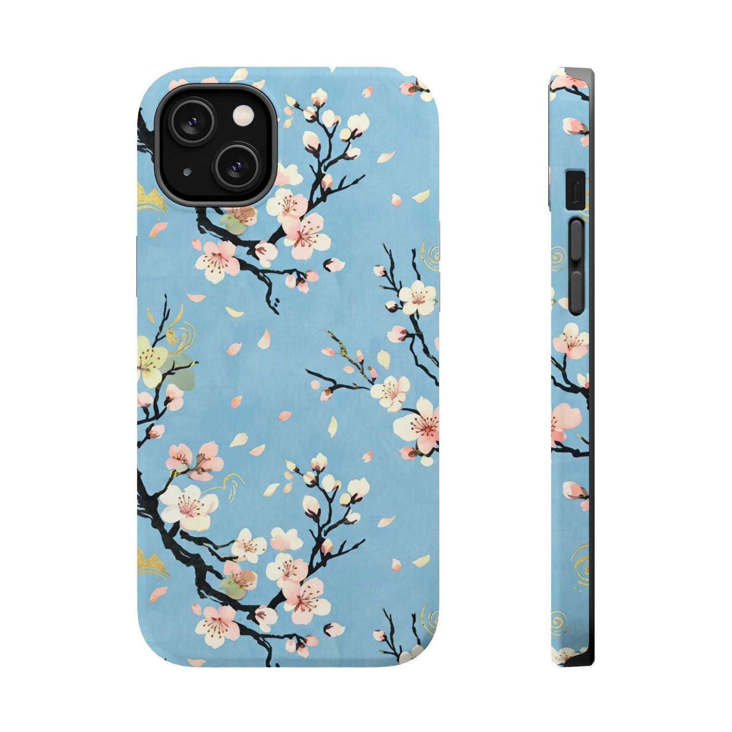 Spring Bloom iPhone Tough Case with floral design and MagSafe compatibility on blue background
