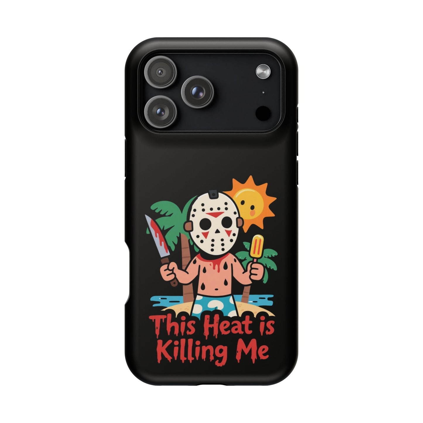 Summerween inspired iPhone tough case with funny "This Heat is Killing Me" design and MagSafe compatibility