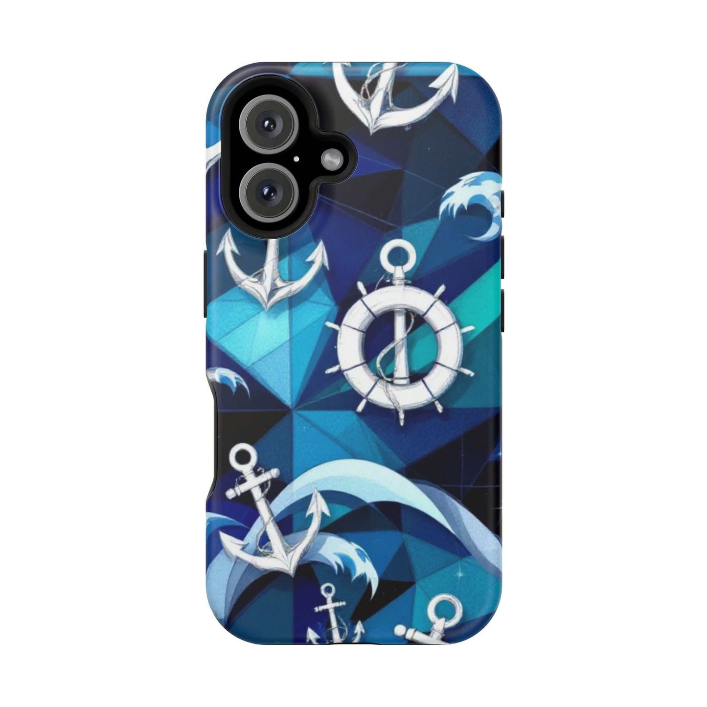 Nautical Anchors iPhone case with blue geometric background and white anchor design, MagSafe compatible durable phone cover