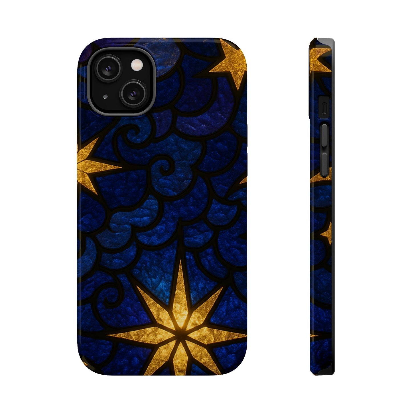 iPhone tough case with golden star design and dark blue background, durable dual-layer protection with MagSafe compatibility.