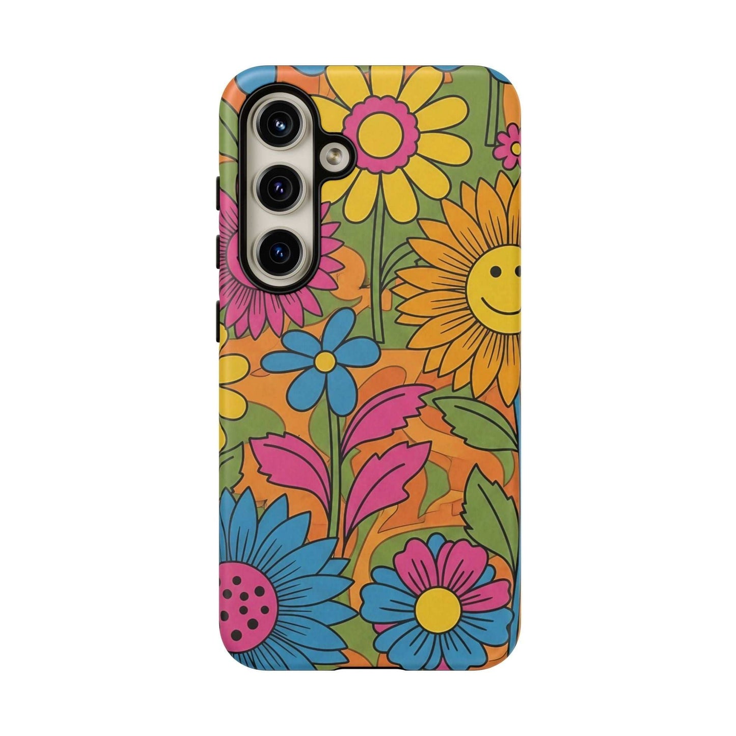 Samsung Phone Case with colorful retro flower power design and impact-resistant protection