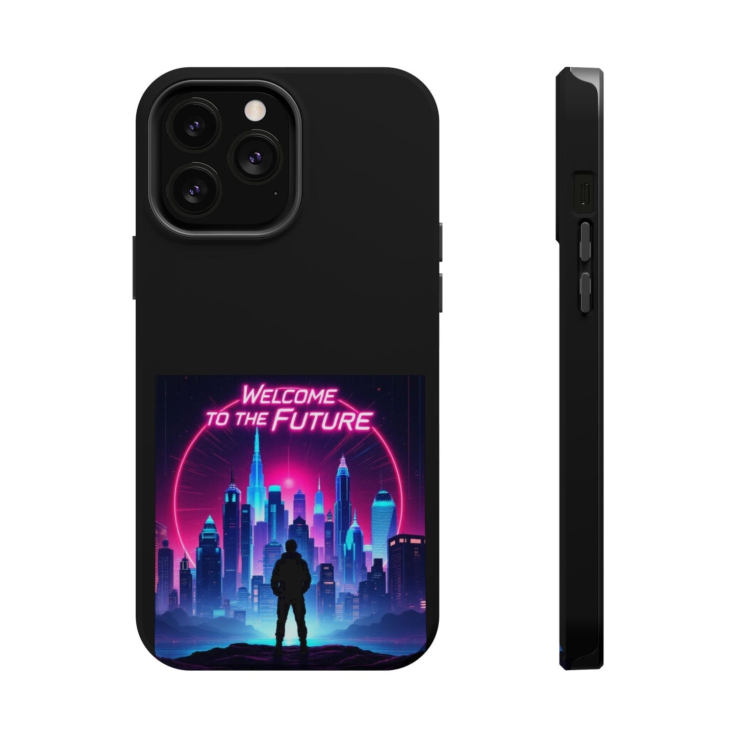 Futuristic Vibe iPhone Case with neon cityscape and "Welcome to the Future" text, compatible with MagSafe and multiple iPhone models