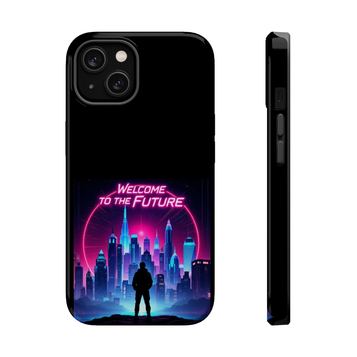 Futuristic Vibe iPhone Case with neon cityscape and "Welcome to the Future" text, durable MagSafe tough case for iPhone 13-16 series