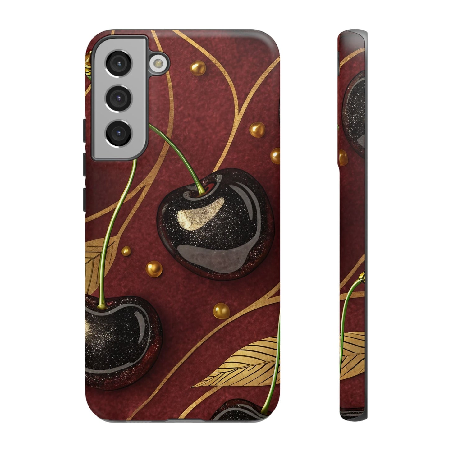 Samsung Tough Case with golden cherry 3D design on maroon background, durable protective cover for Galaxy S series phones