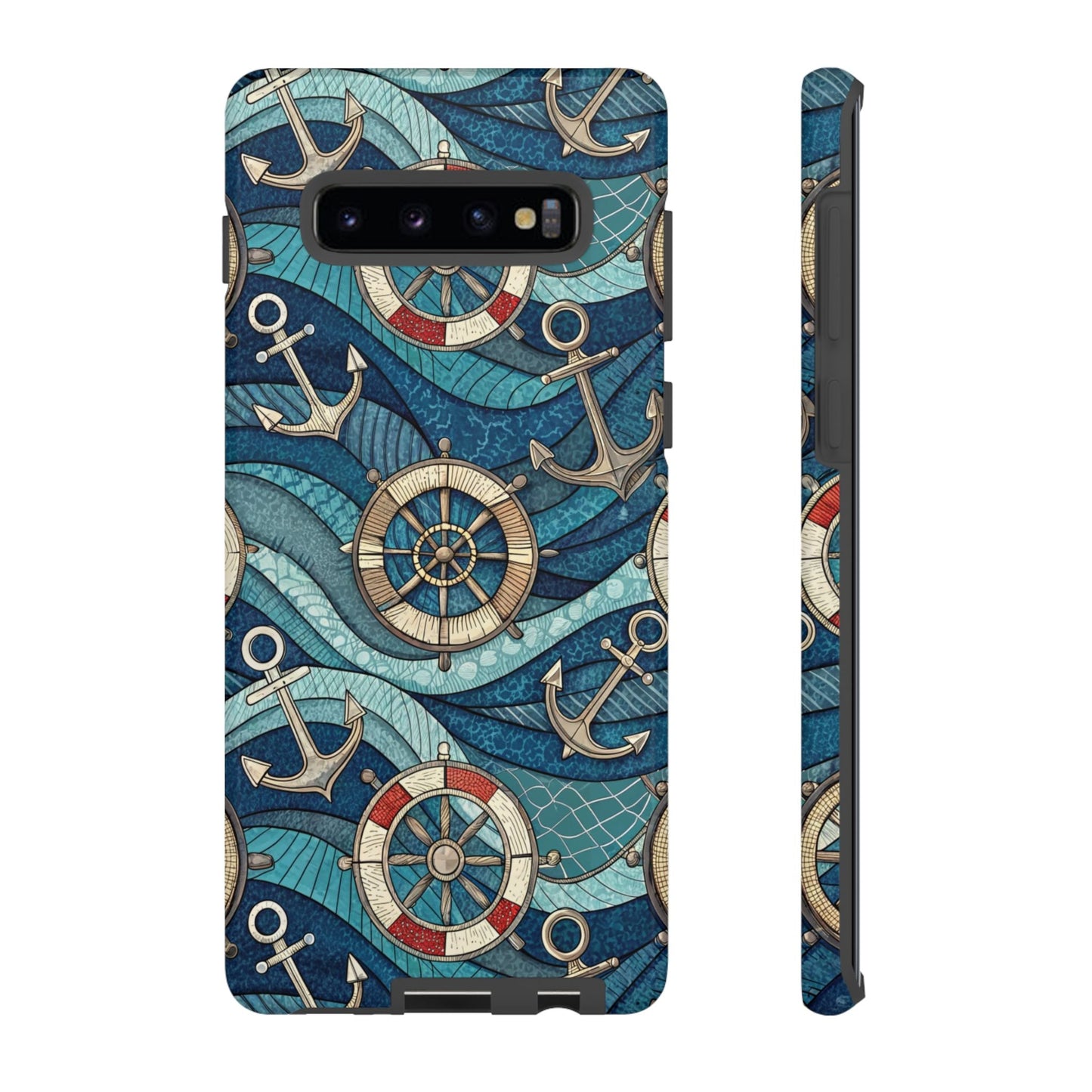 Nautical anchor and life preserver themed Samsung tough case with maritime design and shock absorption for Galaxy S series.