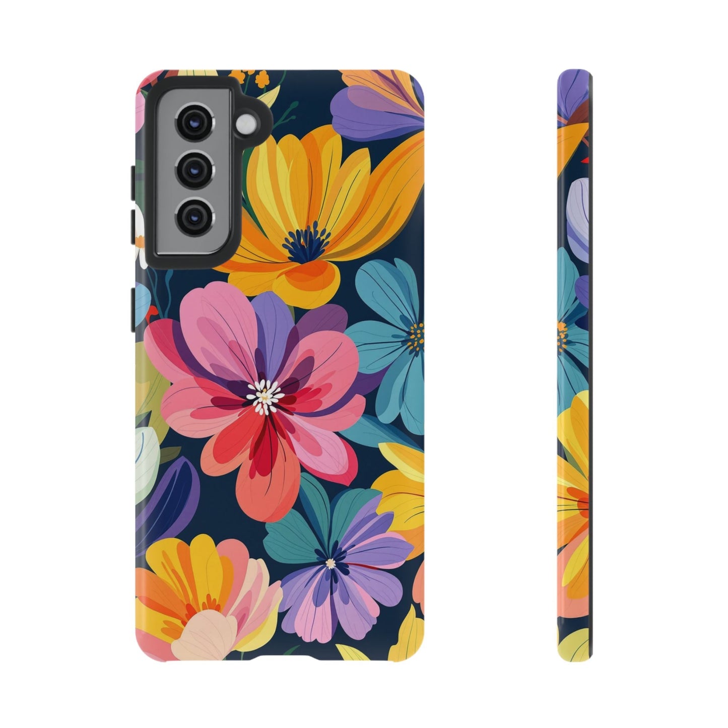Colorful Floral Samsung phone case with vibrant flower design, durable shock-absorbing cover, glossy and matte finish options.