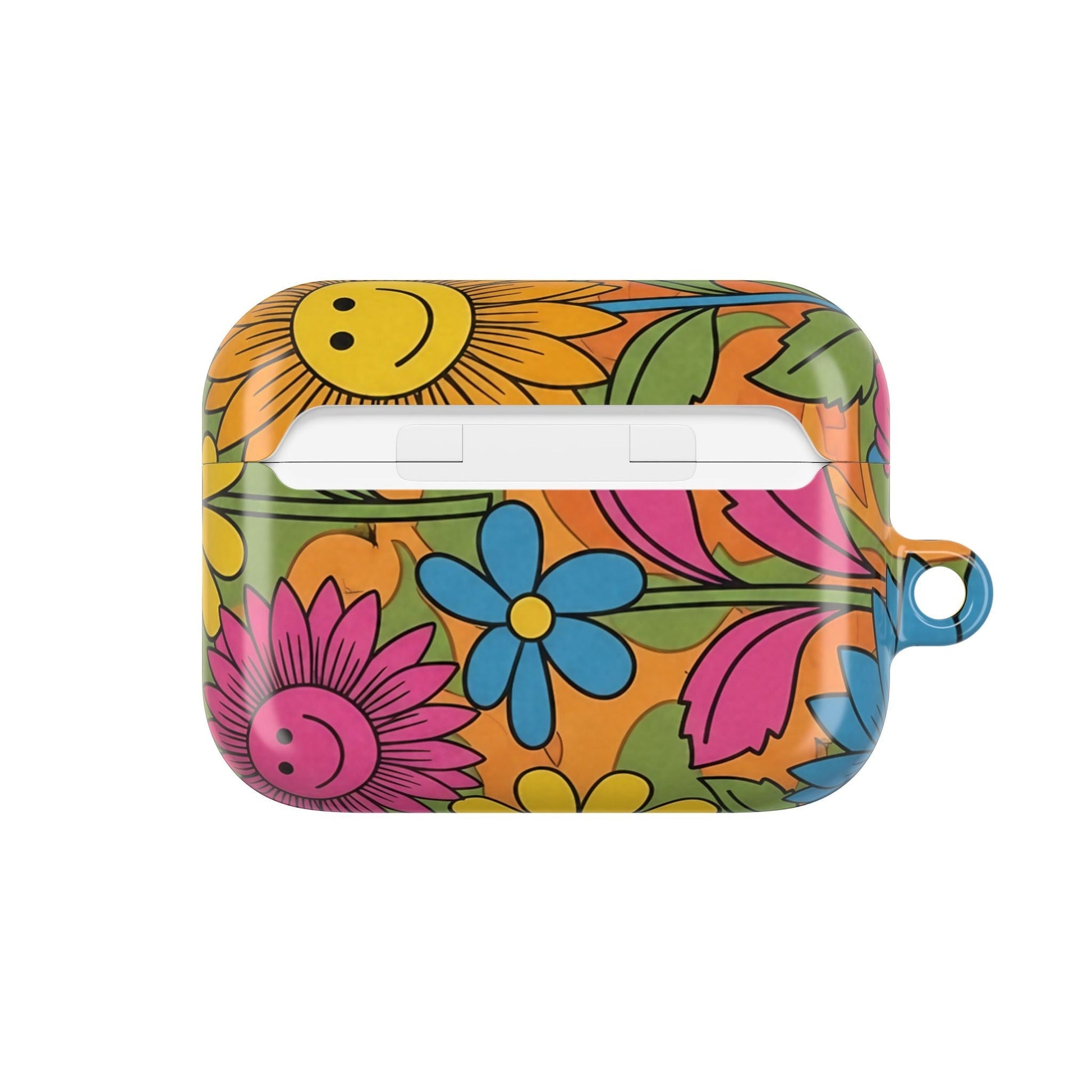 Flower Power AirPod Case with colorful floral design and smiley faces, durable and scratch-resistant polycarbonate cover with carabiner loop