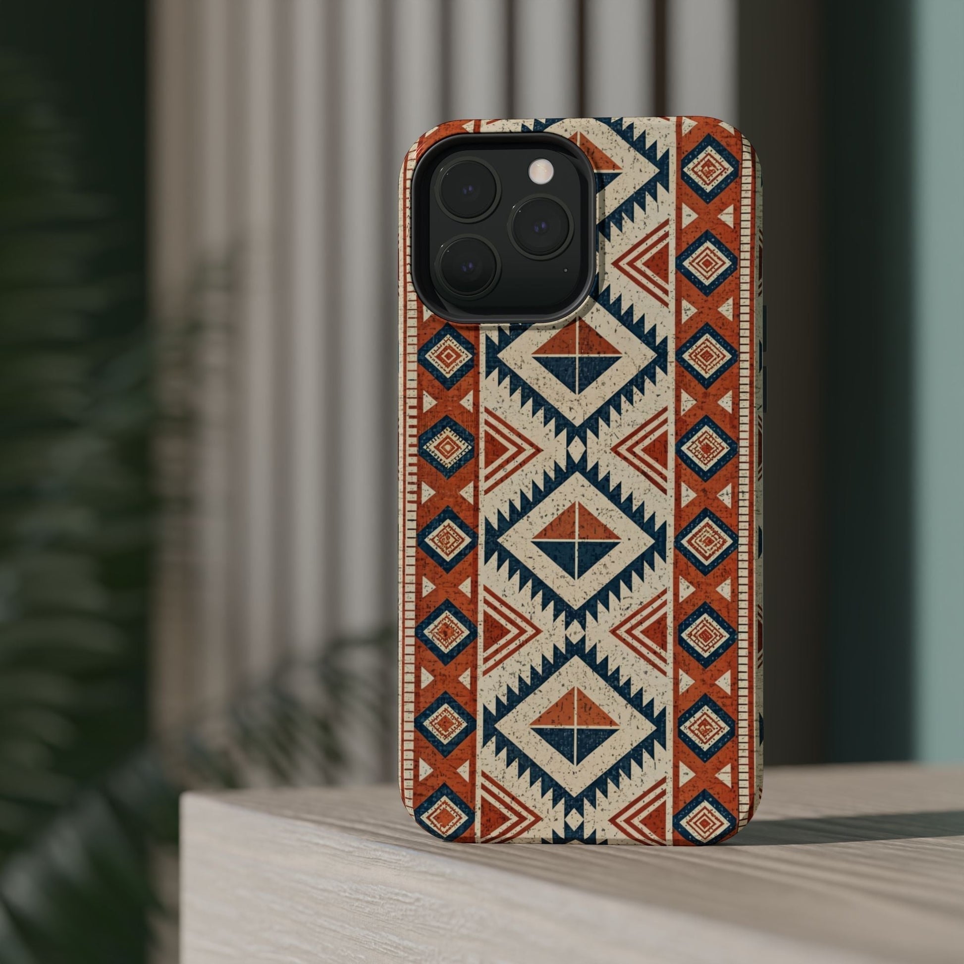 iPhone case with durable dual-layer tribal inspired pattern and built-in MagSafe magnet