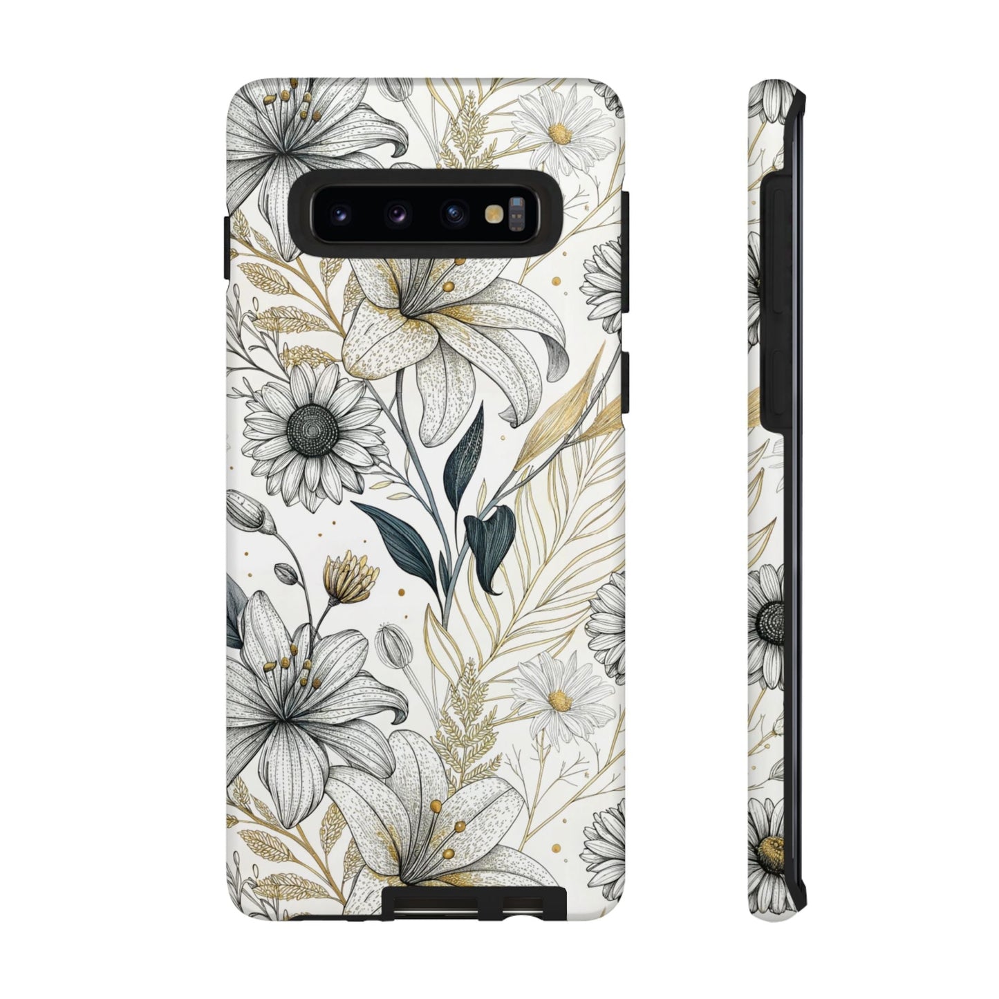 Samsung tough phone case with minimalist golden leaf and floral design, durable and stylish protection for Galaxy models