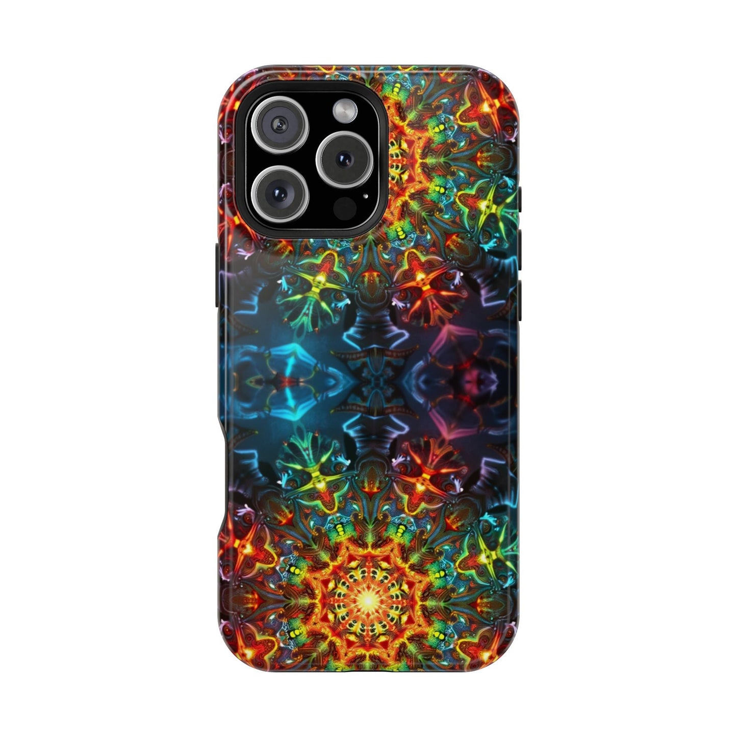 Colorful abstract kaleidoscope design iPhone case with durable dual-layer protection and MagSafe compatibility