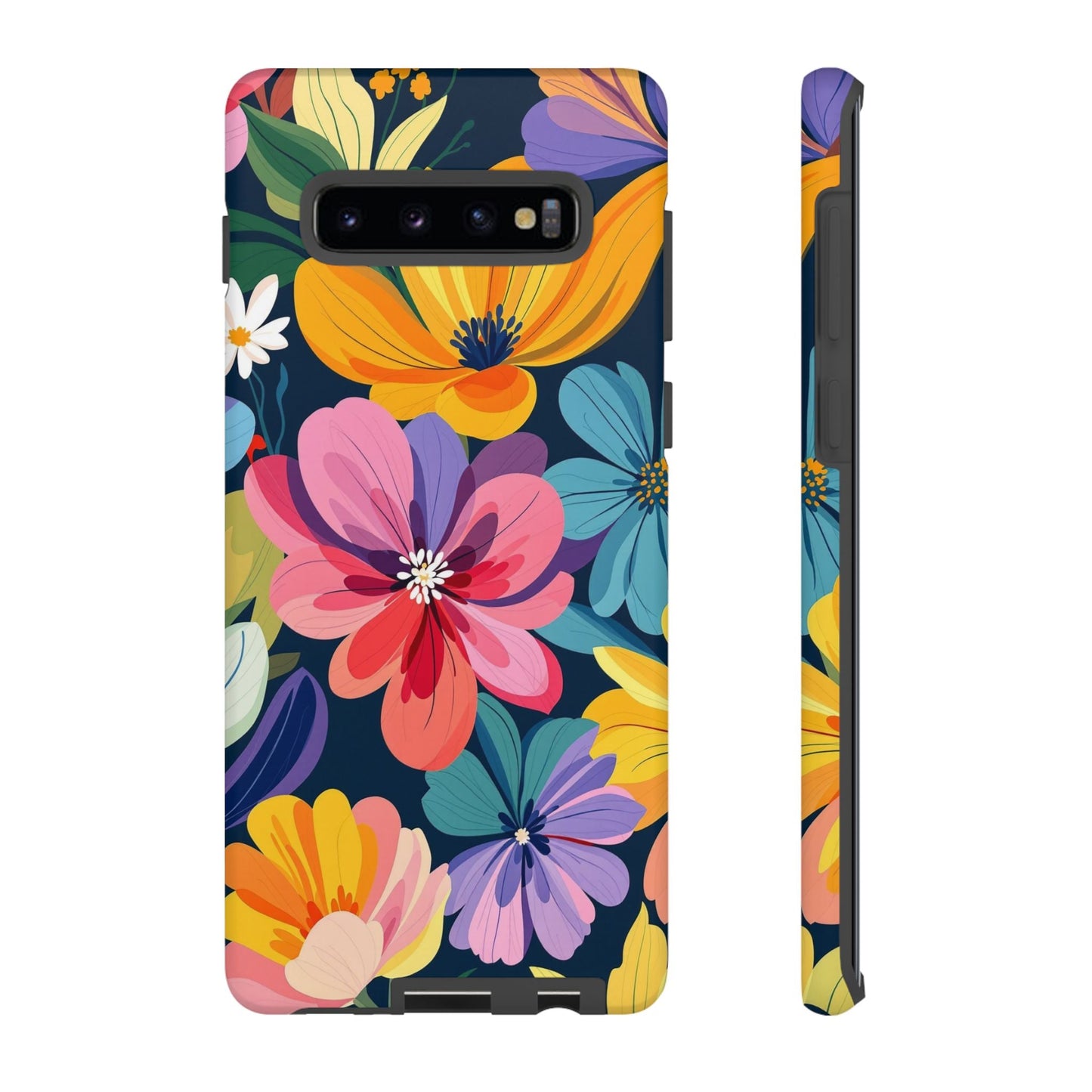 Colorful floral Samsung phone case with vibrant flower design and shock-absorbing protection