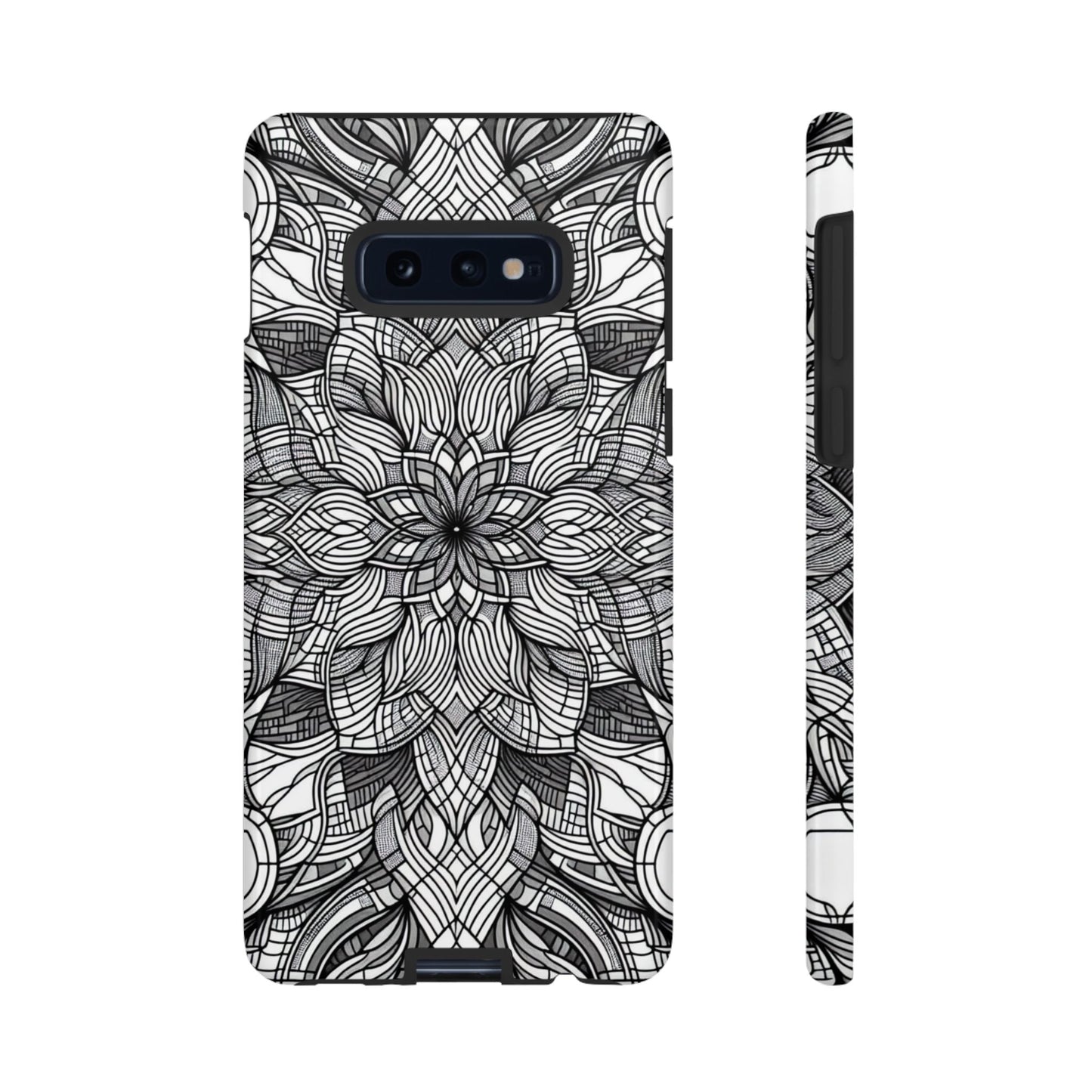Black and White Art Explosion Samsung phone case with intricate floral line art design and full device protection
