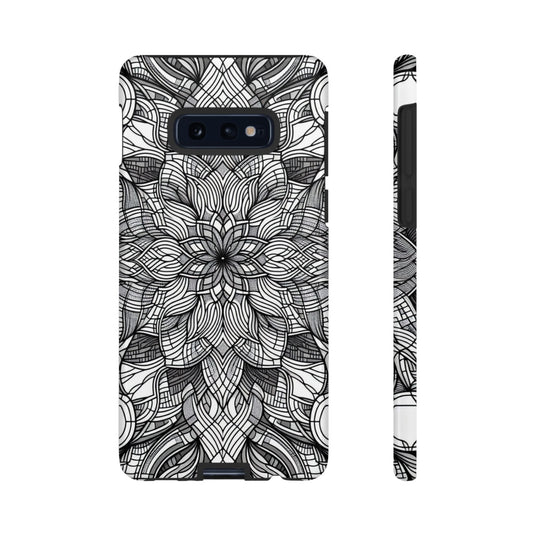 Black and White Art Explosion Samsung phone case with intricate floral line art design and full device protection