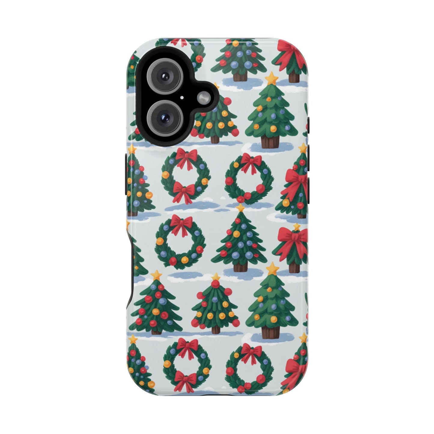 iPhone case with festive holiday tree and wreath pattern for Christmas protection and MagSafe compatibility