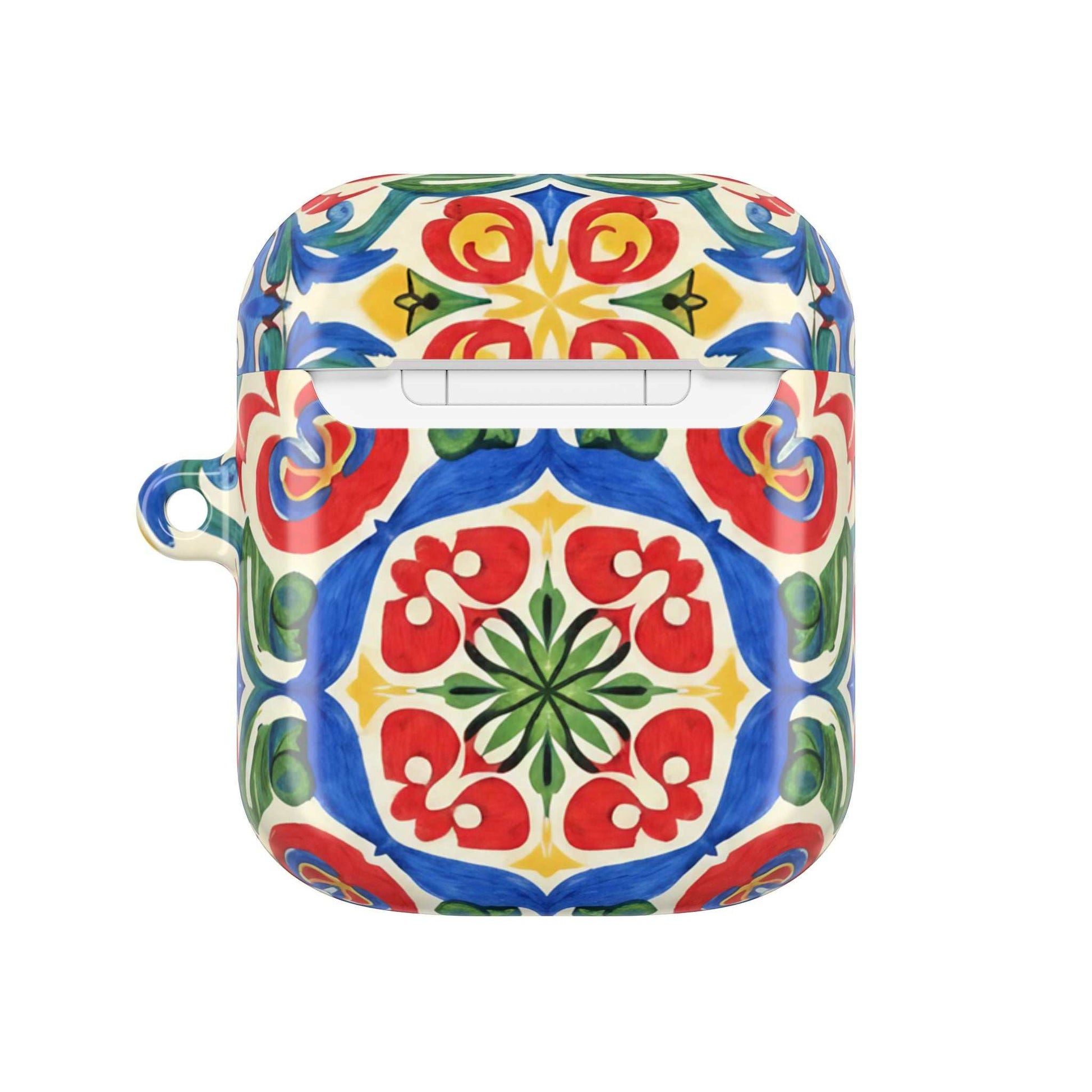 Mediterranean hand-painted folk tile design AirPods case in vibrant blue, red, and cream colors with glossy finish and carabiner attachment.