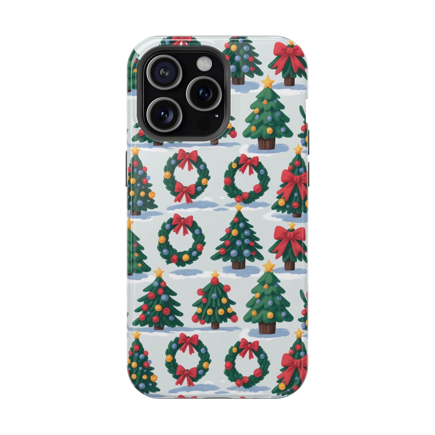 iPhone case with festive holiday tree and wreath pattern for Christmas protection and MagSafe compatibility