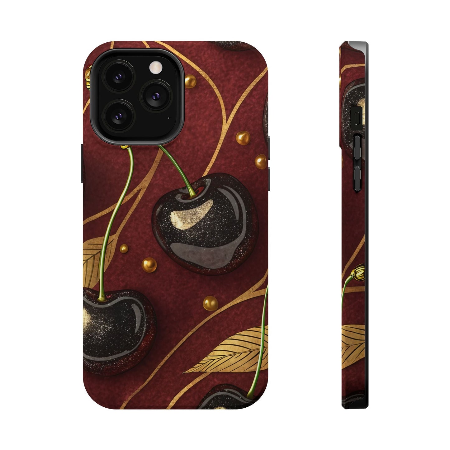 Golden Cherry iPhone Tough Case with vibrant cherry-gold design, durable dual-layer protection, and MagSafe compatibility