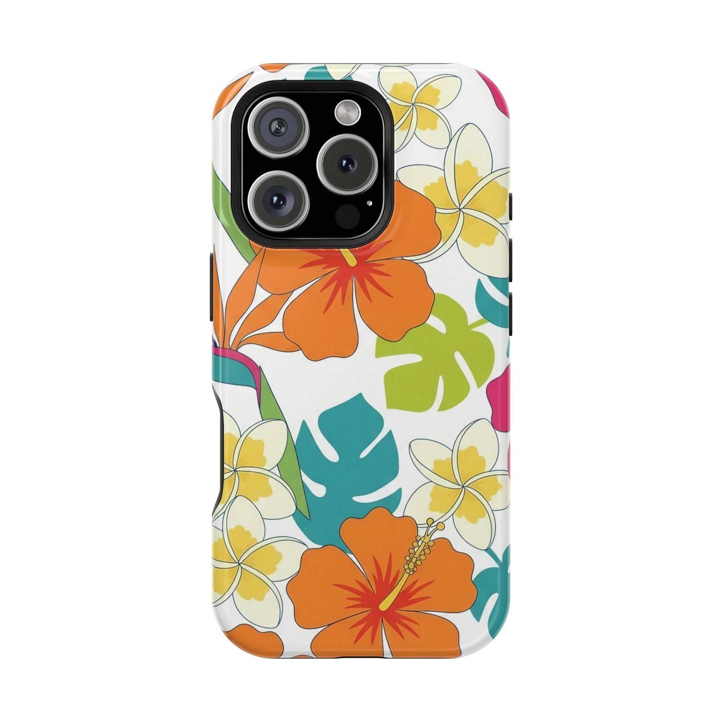 Orange floral iPhone case with vibrant flower design, impact-resistant polycarbonate, MagSafe compatible.