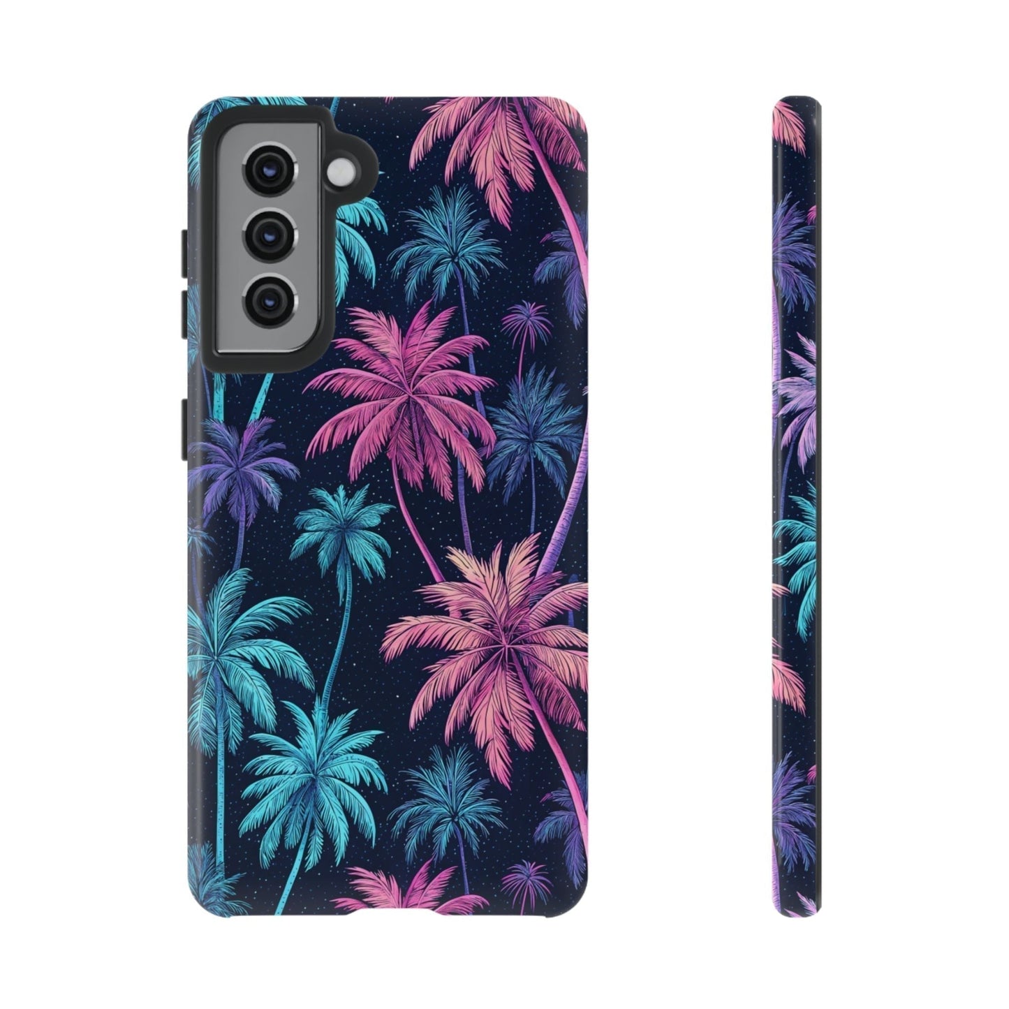 Samsung Galaxy phone case with neon pink and blue palm tree design on black background
