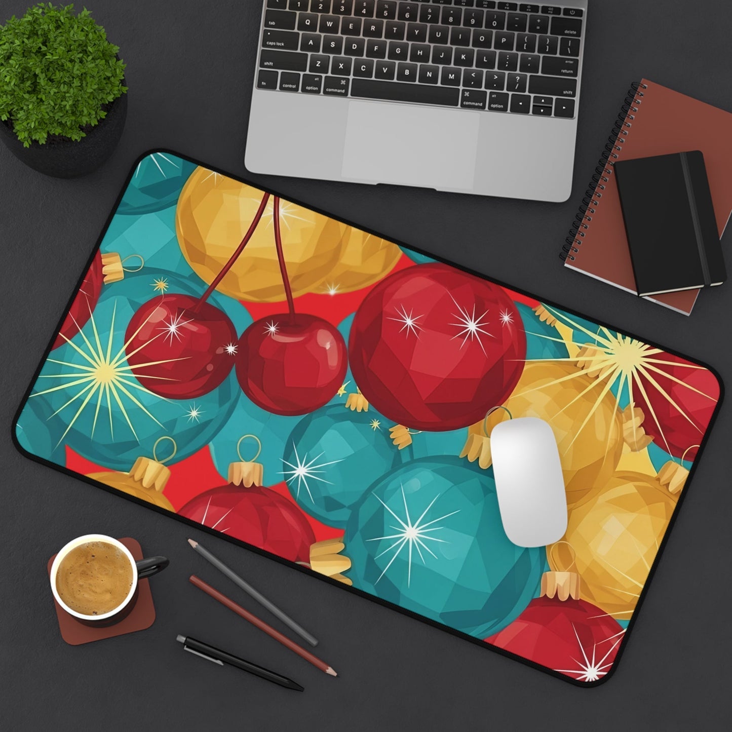 holiday-themed desk mat with colorful Christmas tree bulbs and non-slip neoprene surface