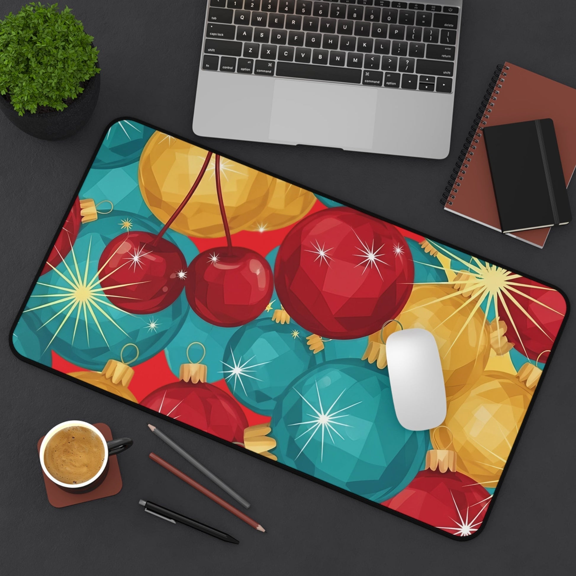 holiday-themed desk mat with colorful Christmas tree bulbs and non-slip neoprene surface