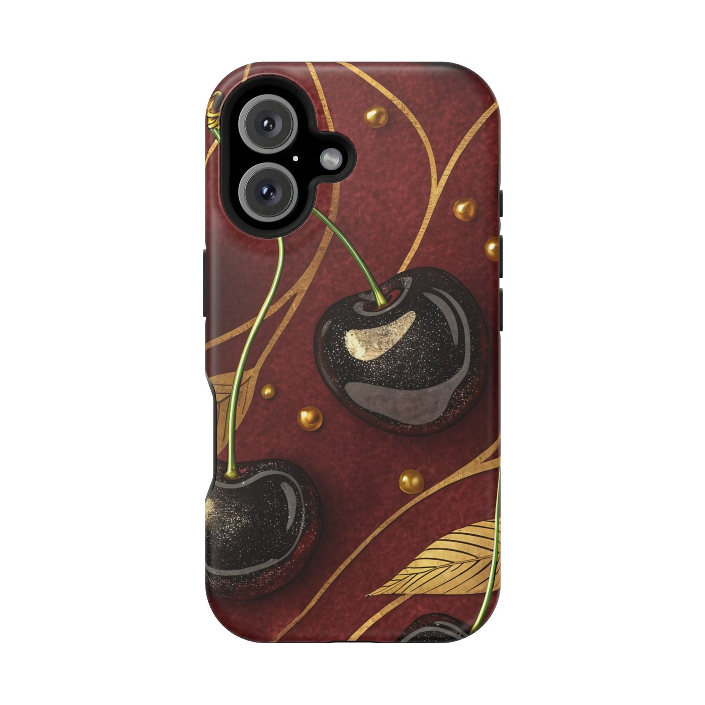 Golden Cherry iPhone Tough Case with vibrant cherry-gold design and MagSafe compatibility