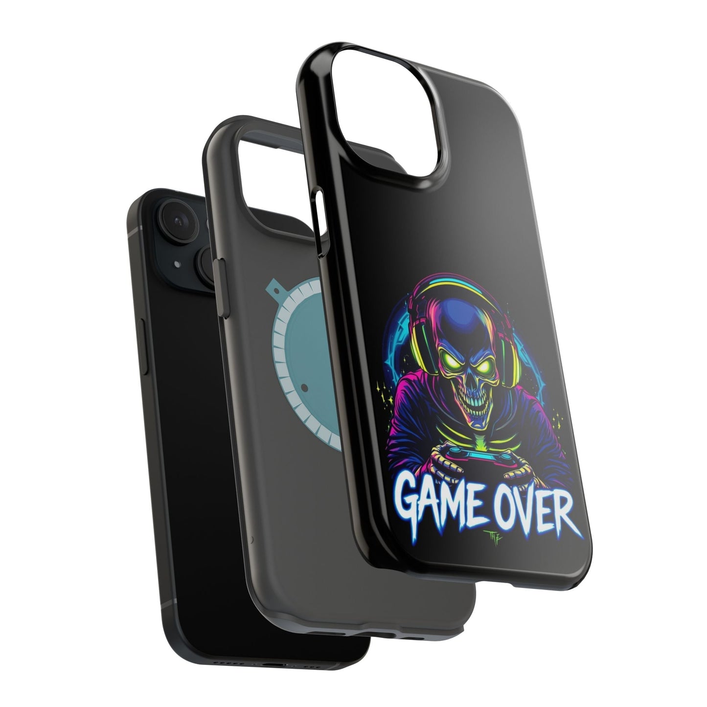 Game Over Gamer iPhone tough case with vibrant skull gamer design, durable dual-layer protection, and MagSafe compatibility