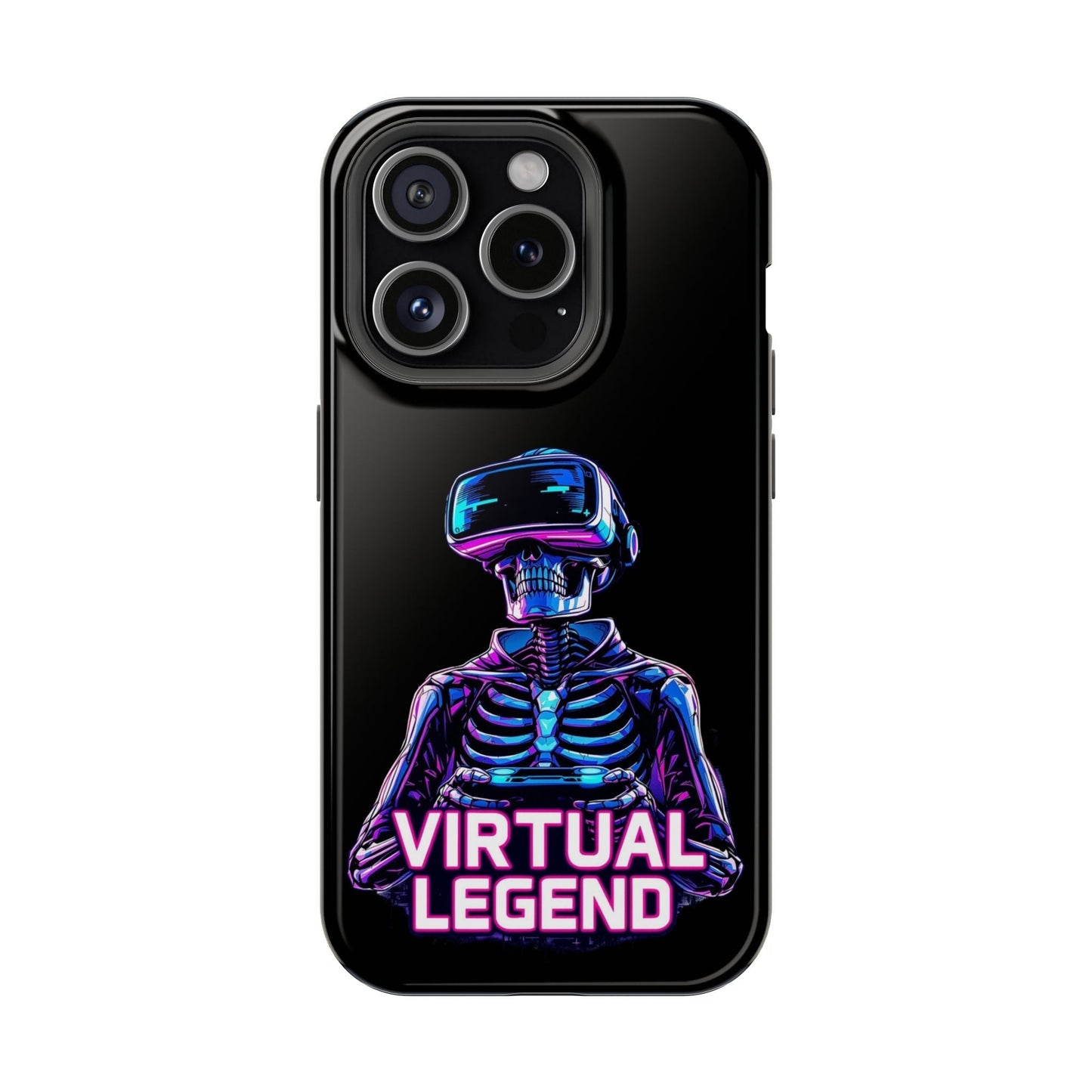 Virtual Legend Gamer iPhone tough case with neon skeleton wearing VR headset design, durable black protective cover with vibrant colors.