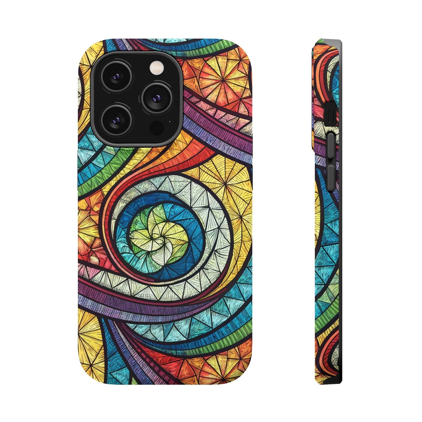 Colorful stained glass inspired rainbow swirl design iPhone tough case with MagSafe compatibility and dual-layer protection