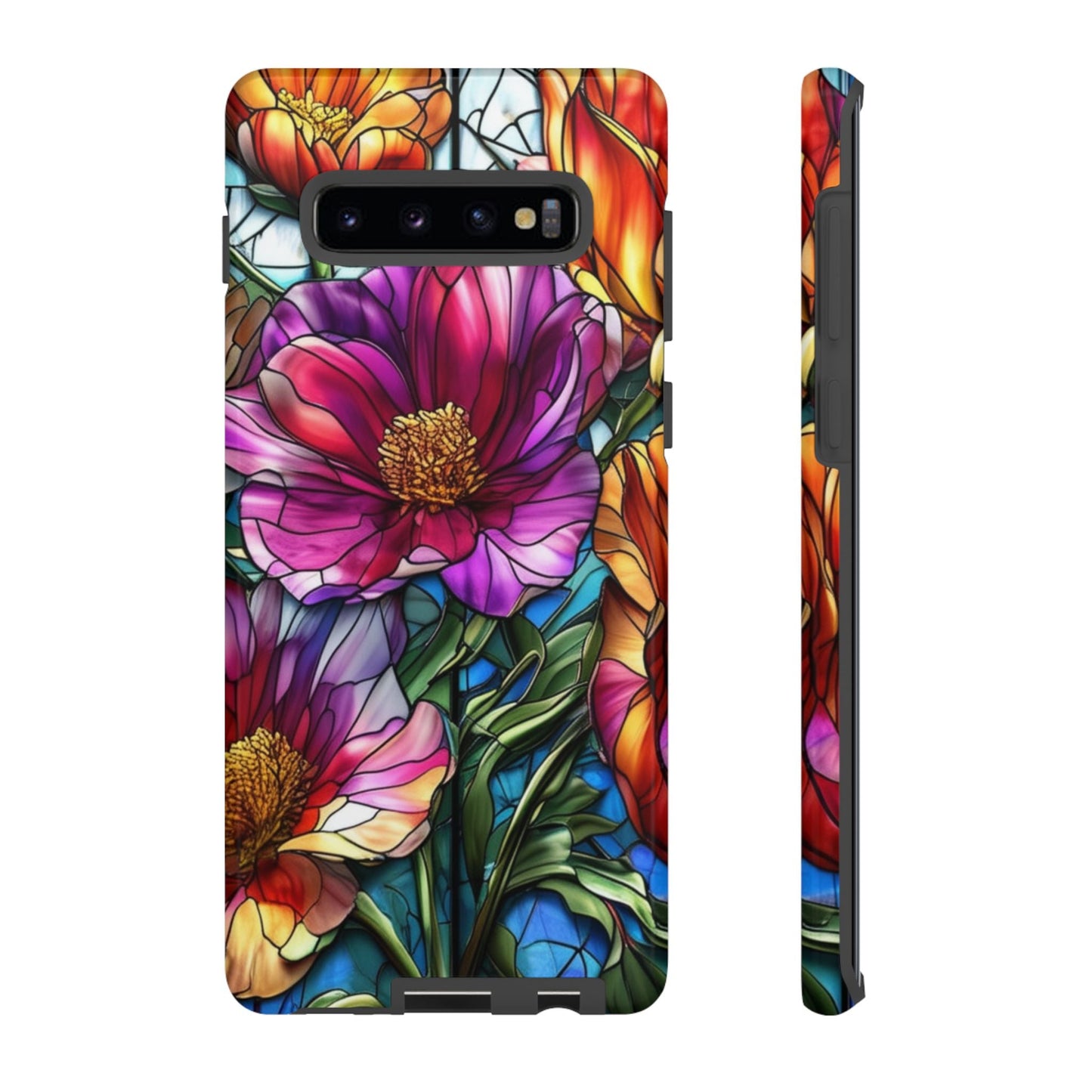 Samsung phone case with vibrant purple flower design, durable and protective with impact resistance and UV protection