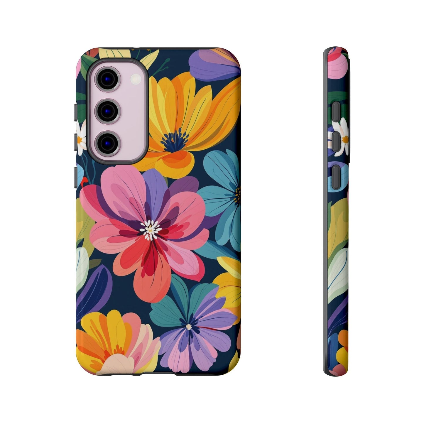 Colorful floral Samsung phone case with vibrant flower design and durable shock-absorbing silicone liner