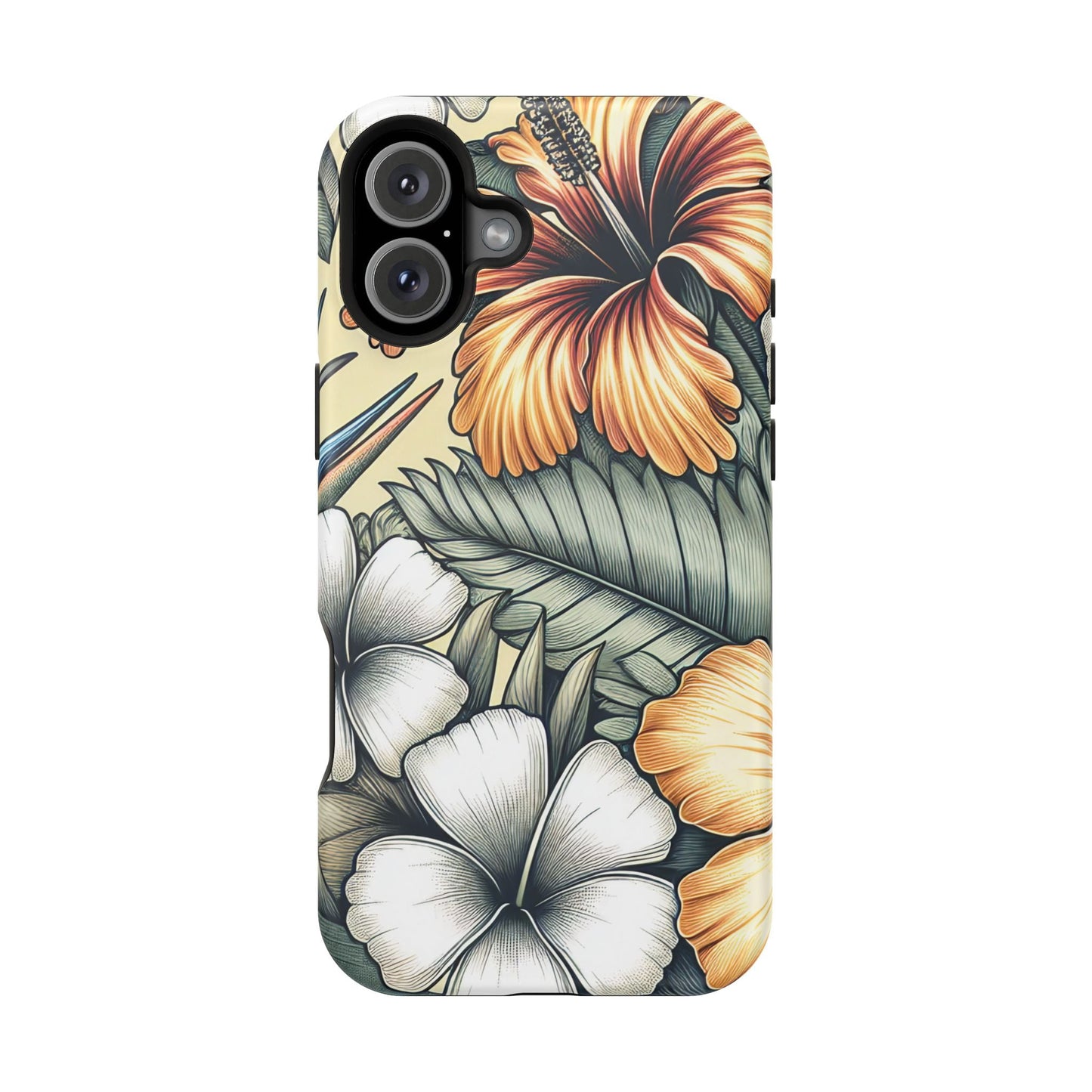 Golden Tropical Floral iPhone tough case with durable dual-layer protection and MagSafe compatible design