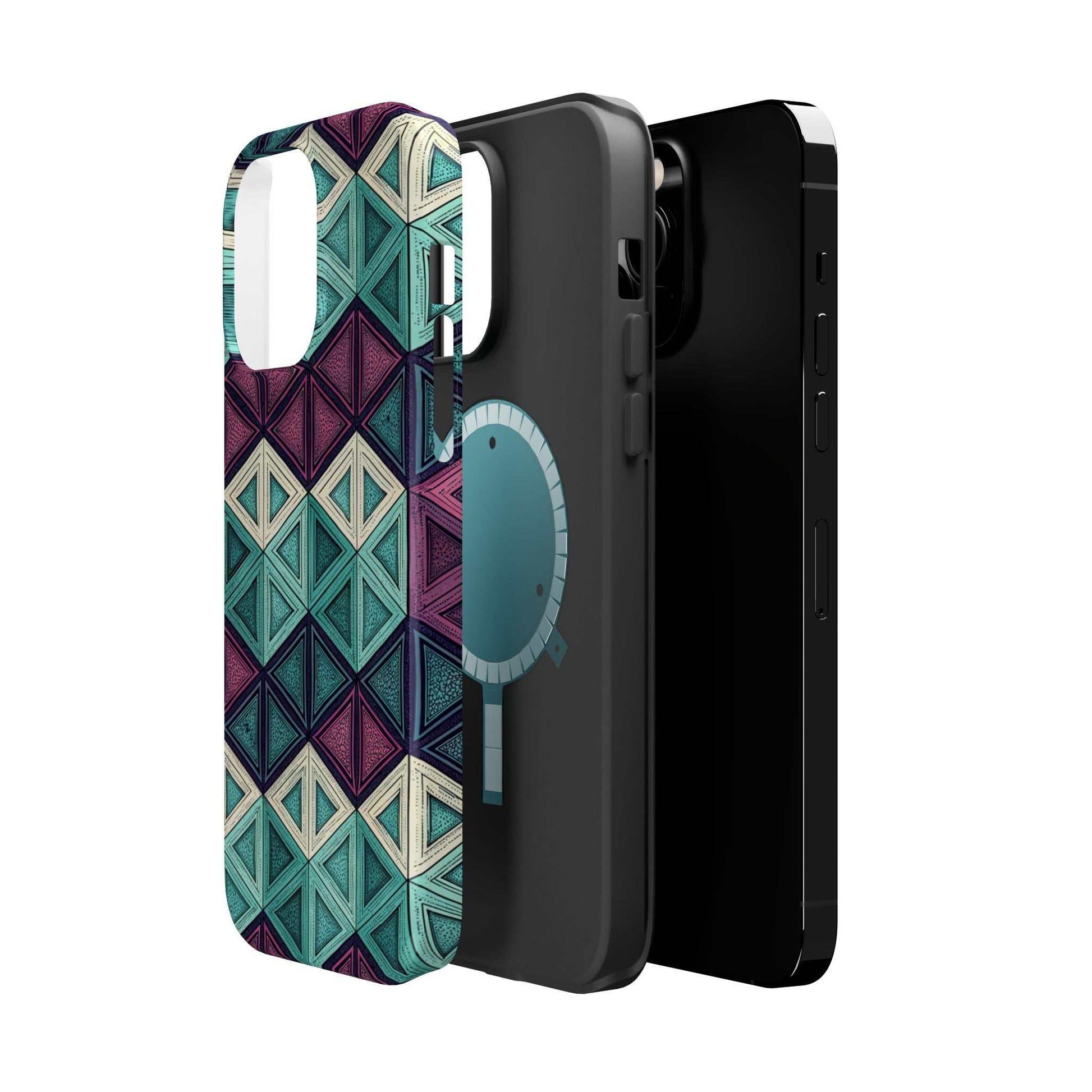 Purple and Teal Abstract geometric pattern magnetic iPhone tough case with MagSafe compatible dual-layer protection