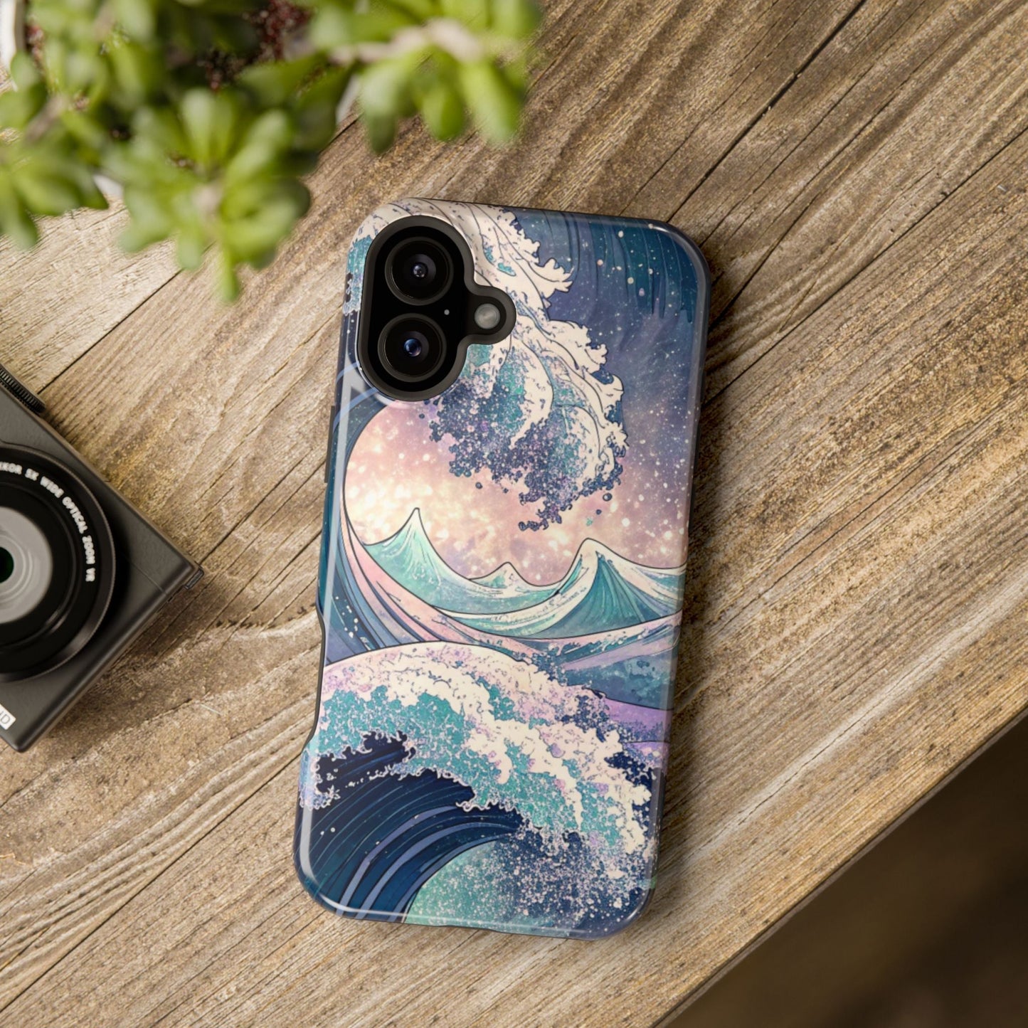 Crashing Waves Design iPhone case with MagSafe, dual-layer protection, and artistic ocean wave print on wooden surface