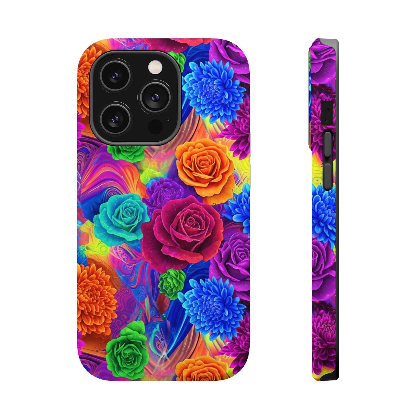 Colorful floral iPhone tough case with MagSafe compatibility and protective shock-absorbing design