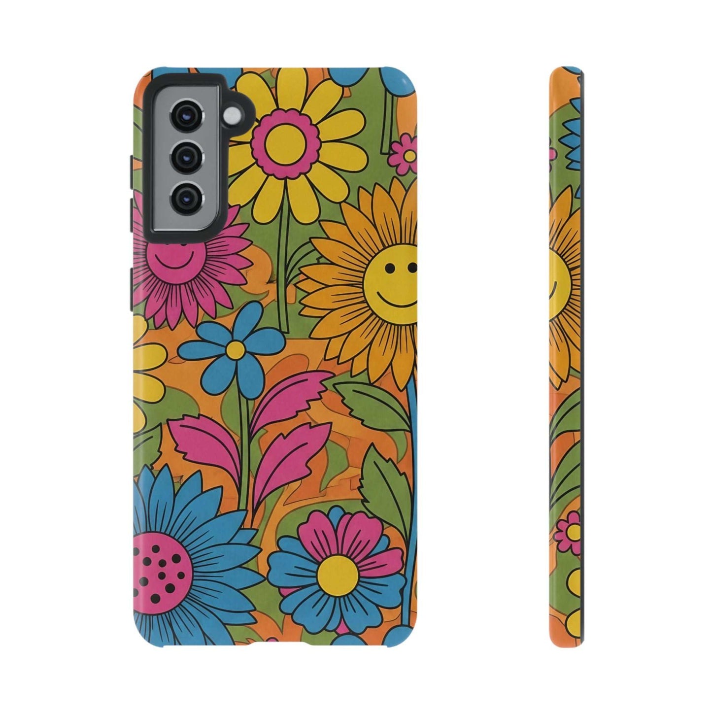 Samsung Phone Case with retro colorful flower power design and impact-resistant protection