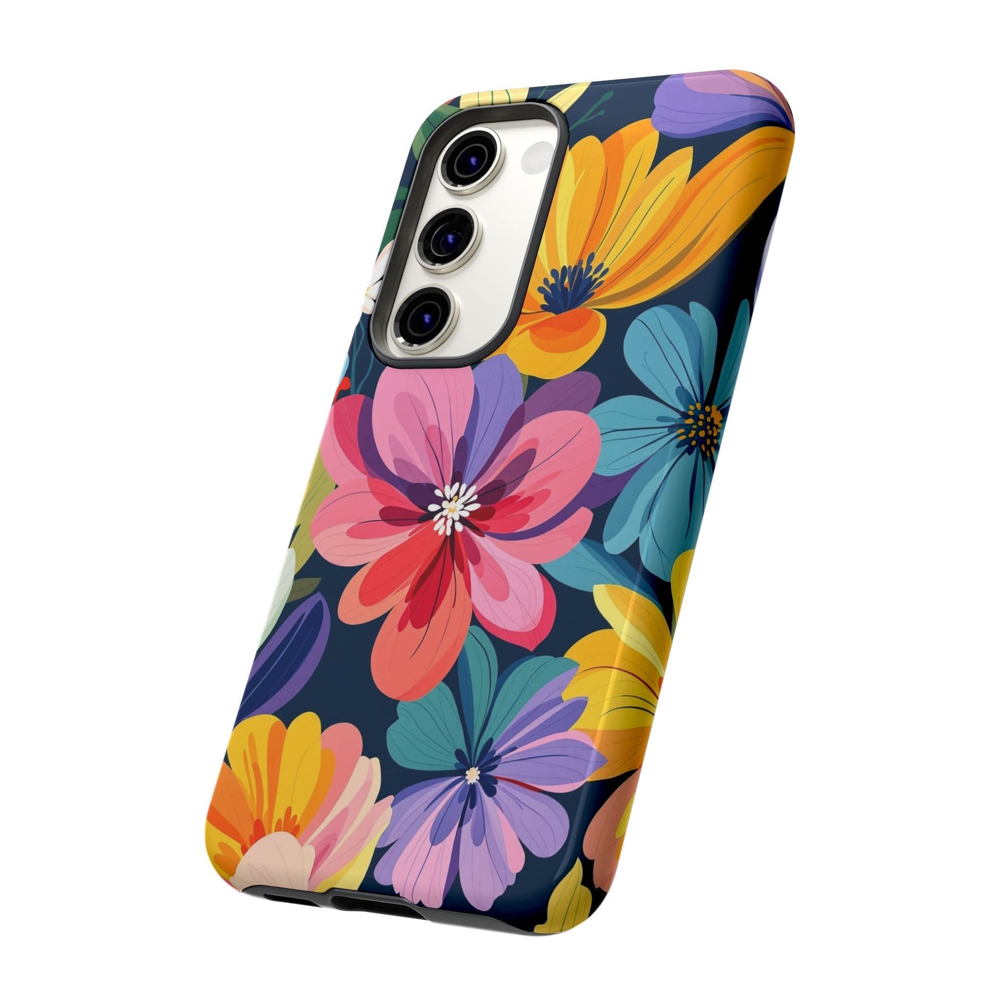 Colorful floral Samsung phone case with vibrant flower design and shock-absorbing silicone liner