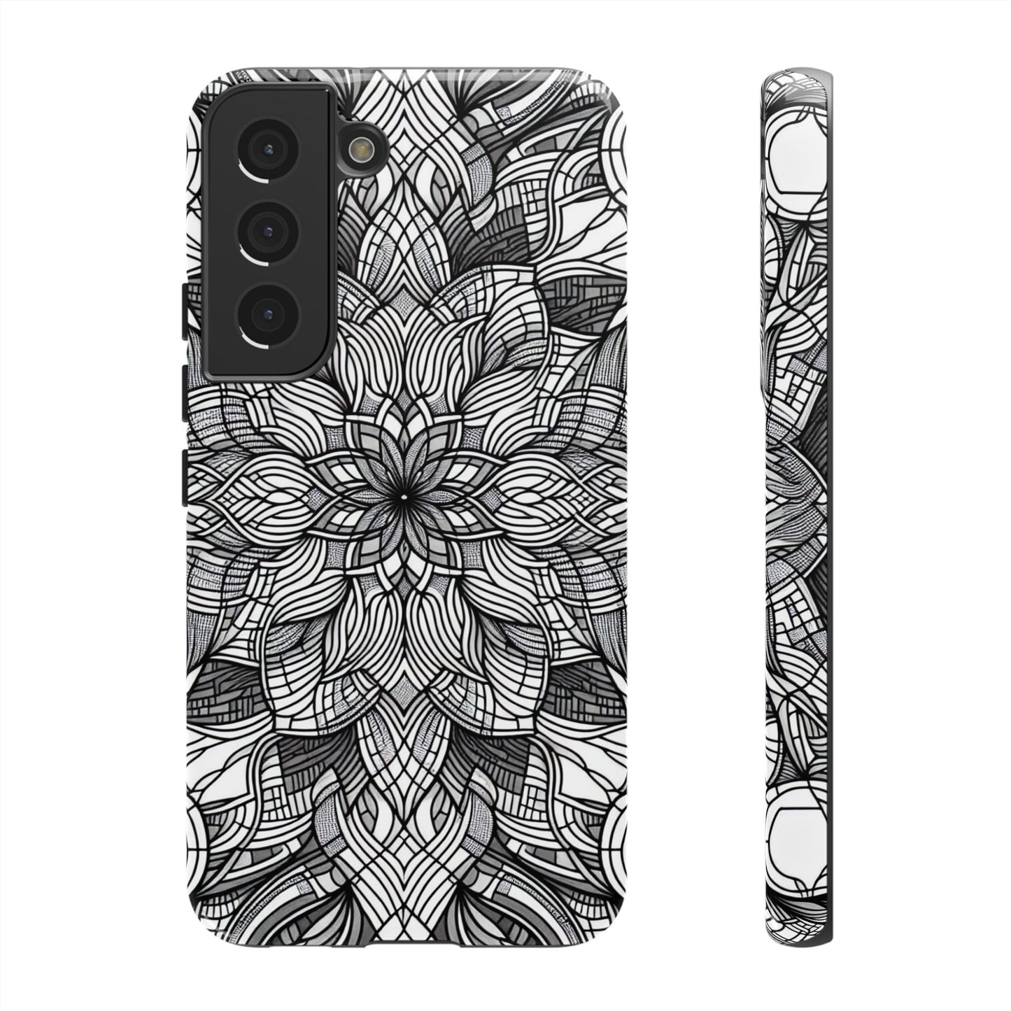 Samsung phone case with black and white intricate art explosion design offering full device protection