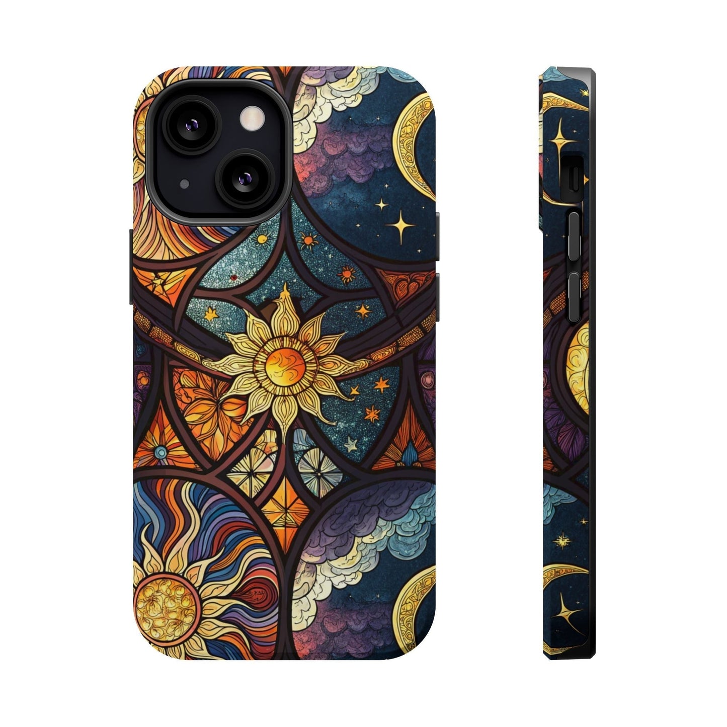 Sun and Moon iPhone case with dual-layer protection, vibrant celestial design, and MagSafe compatibility, available in matte or glossy finish.
