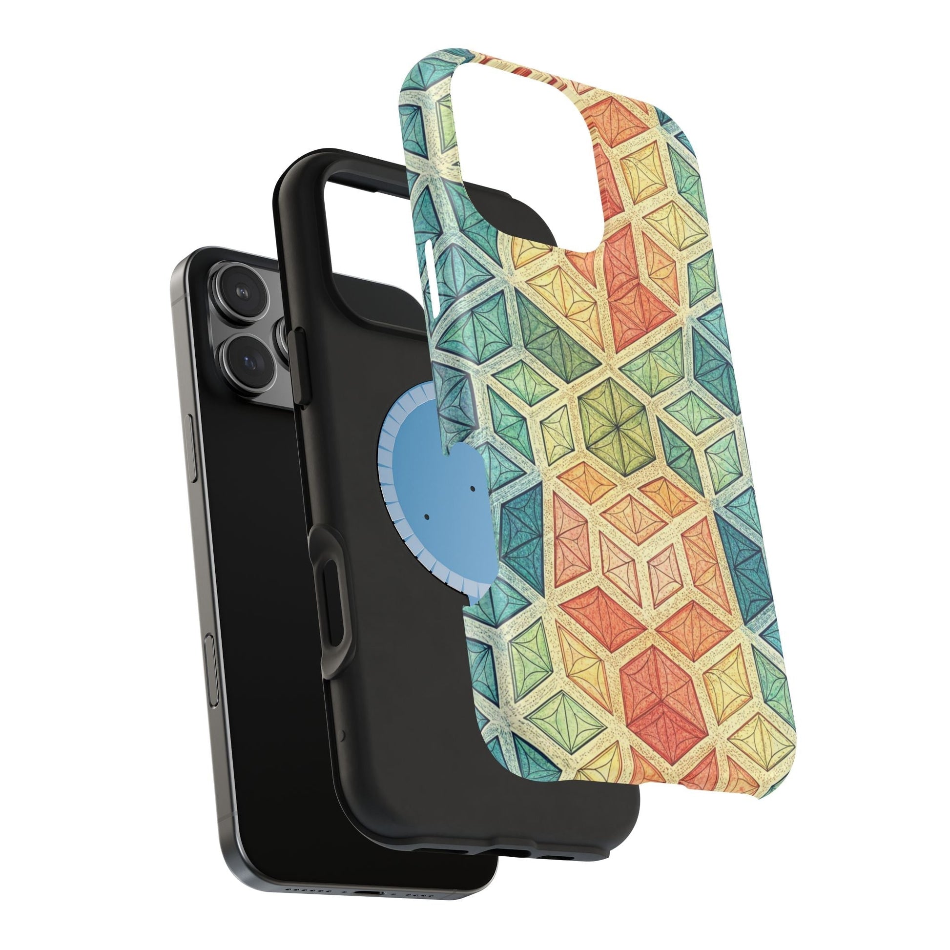 Colorful fractal patterned magnetic tough iPhone case with dual-layer protection and MagSafe compatibility