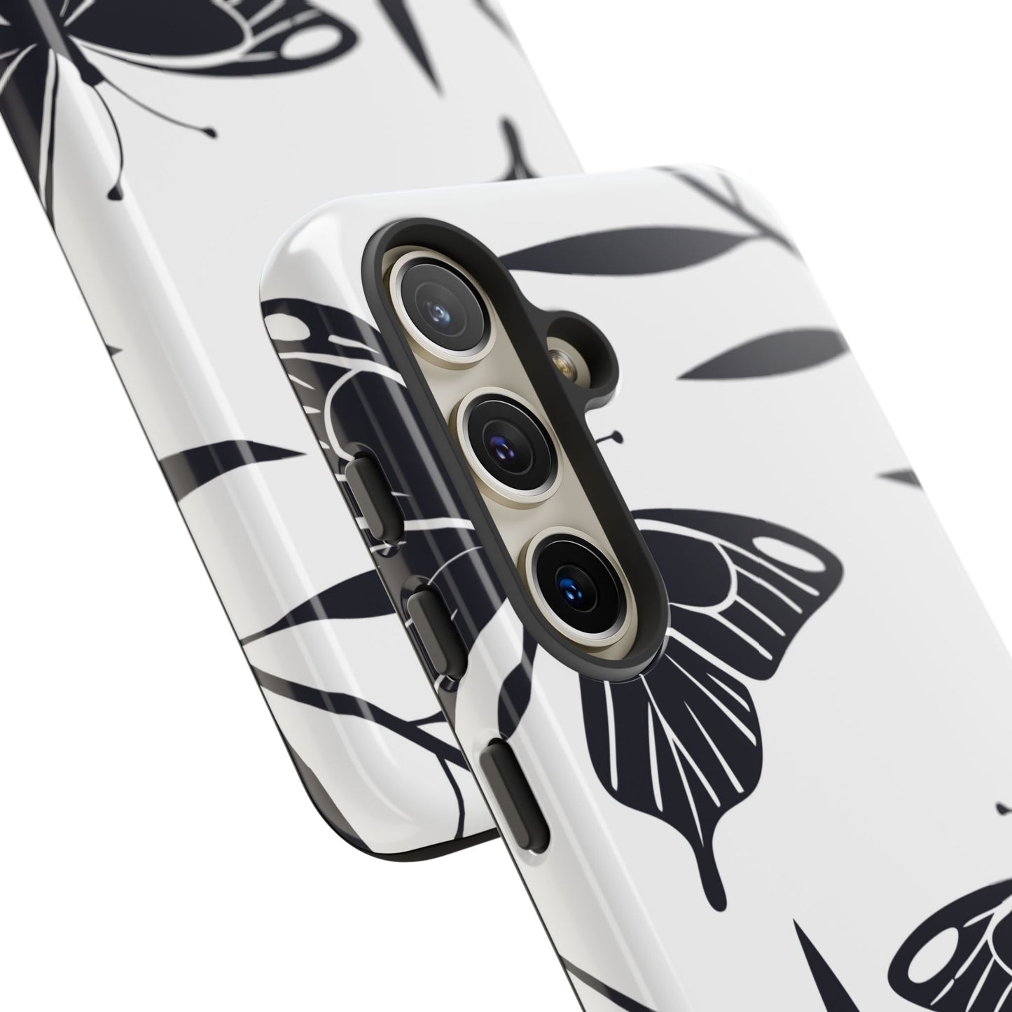 Minimalist black and white butterfly Samsung phone case with sleek protective design and elegant 3D print.