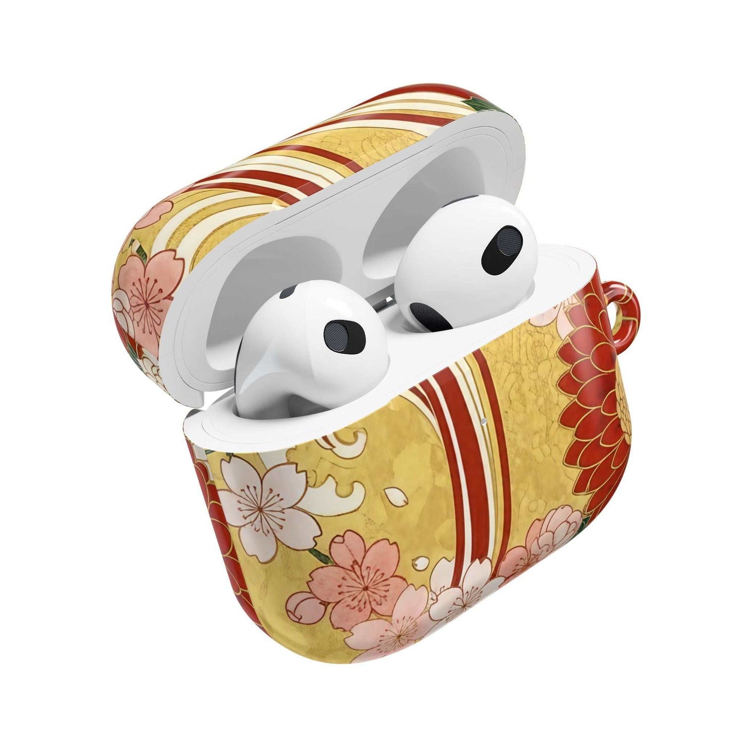 Japanese floral gold chrysanthemum AirPod case with cherry blossom design and carabiner clip