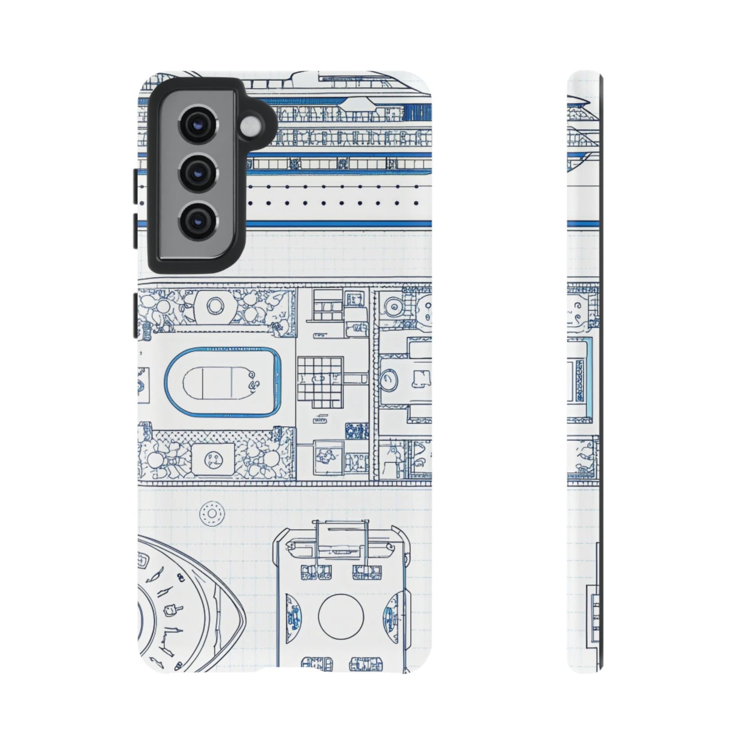 Samsung phone case with detailed blue and white cruise ship design blueprint for durable protection and stylish travel look