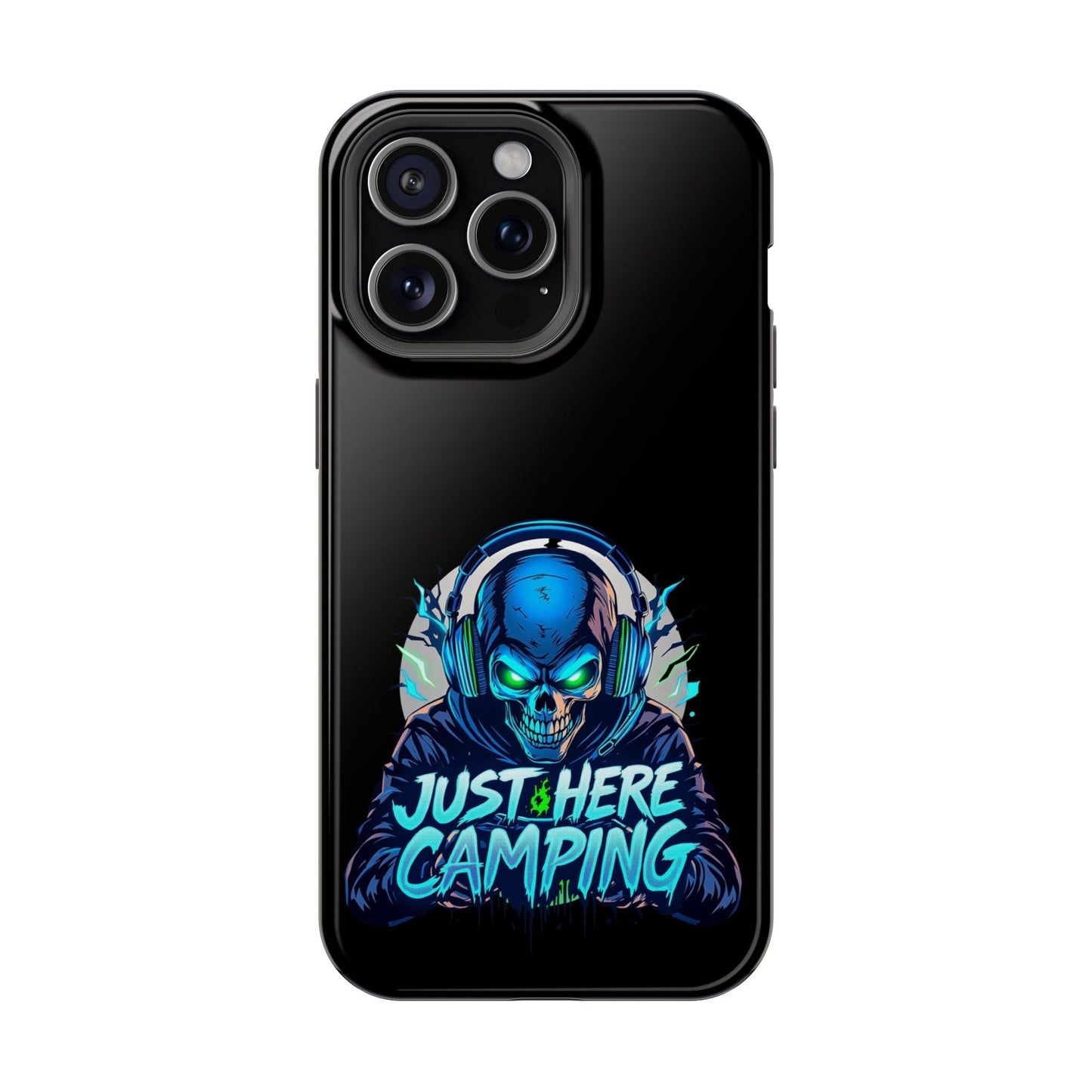 iPhone tough case with Just Here Camping Gamer skull design and vibrant colors