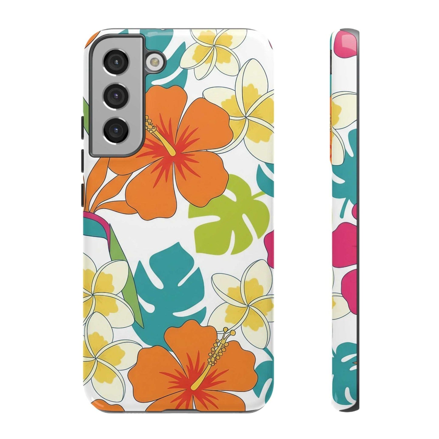 orange floral Samsung phone case with tropical flower design and shock-resistant protection