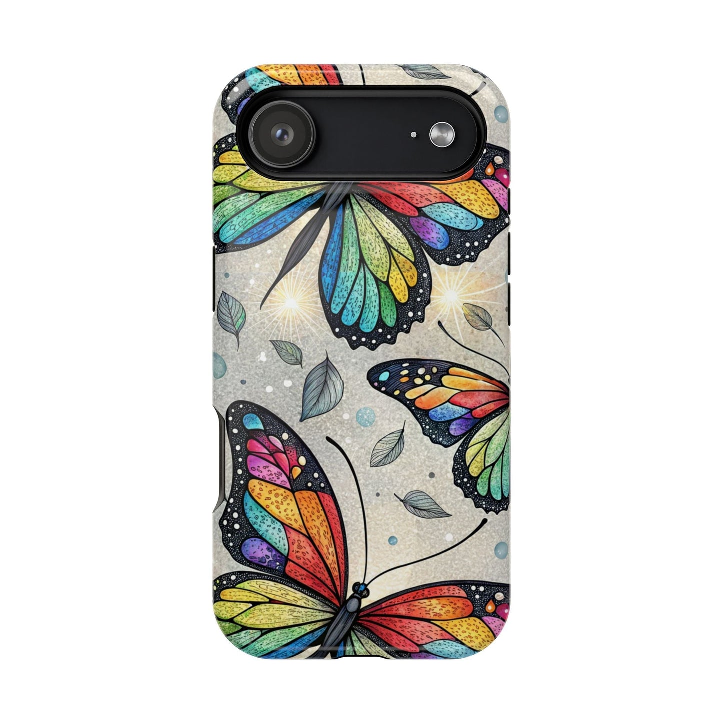Vibrant Rainbow Butterfly iPhone case with colorful dual-layer protection and MagSafe compatibility