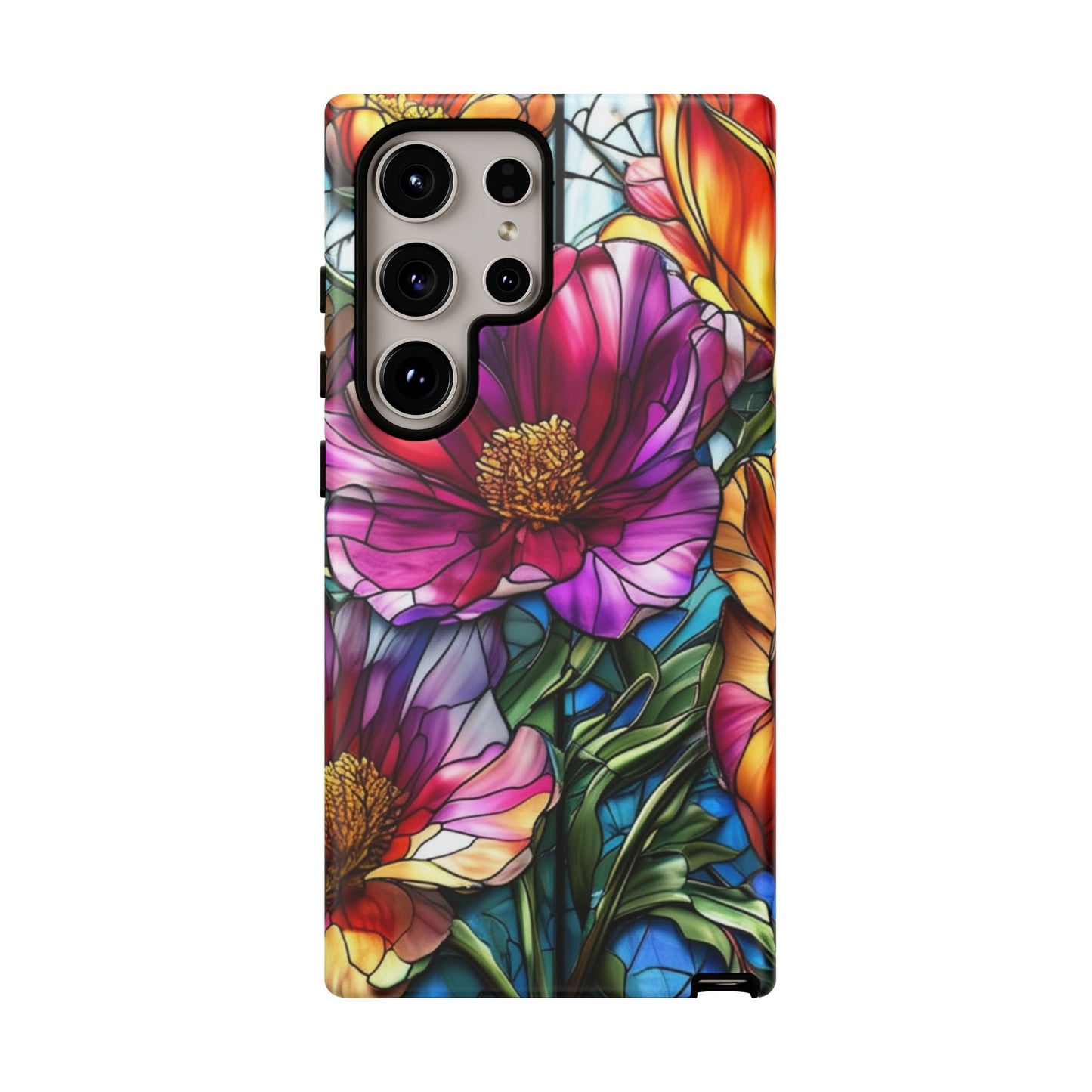 Samsung phone case with vibrant purple flower design, durable, impact-resistant, UV protected, and wireless charging compatible